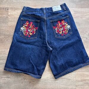 COOGI Denim Baggy Jean Shorts Colorful Embroidered 36/1 Streetwear Skater Hip